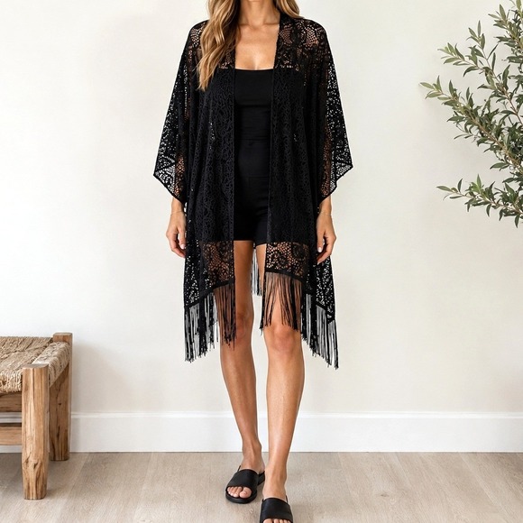 Kmart Sweaters - VTG Black Crochet Lace Kimono Fringe Swim Cover Up Boho Festival Whimsigoth OS